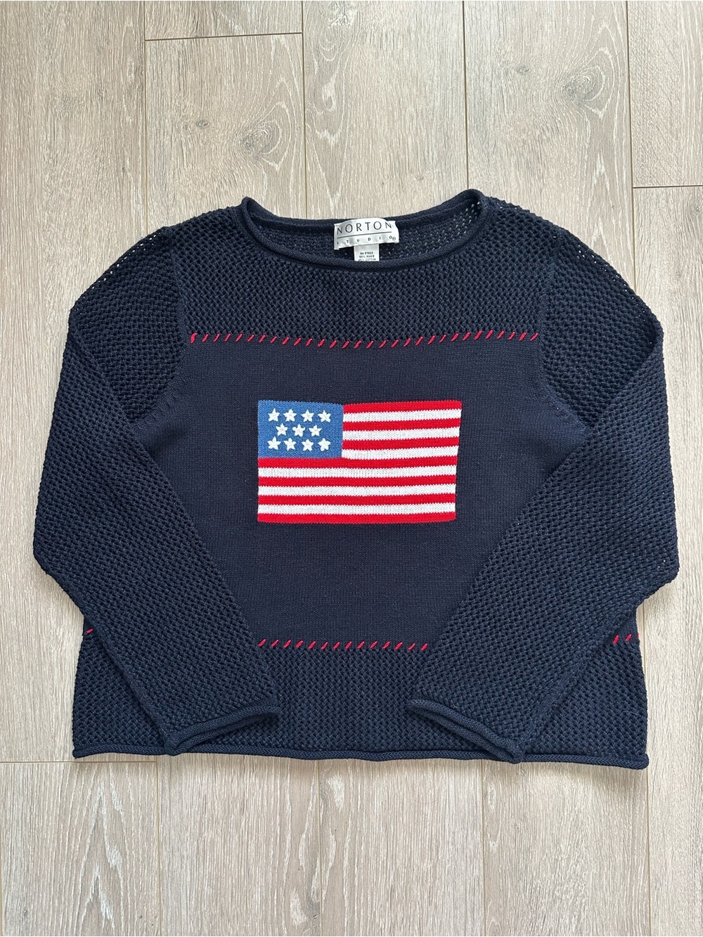 Vintage 90s Y2K American Flag Sweater USA Knit Long Sleeve Open Stitch Navy Sz L